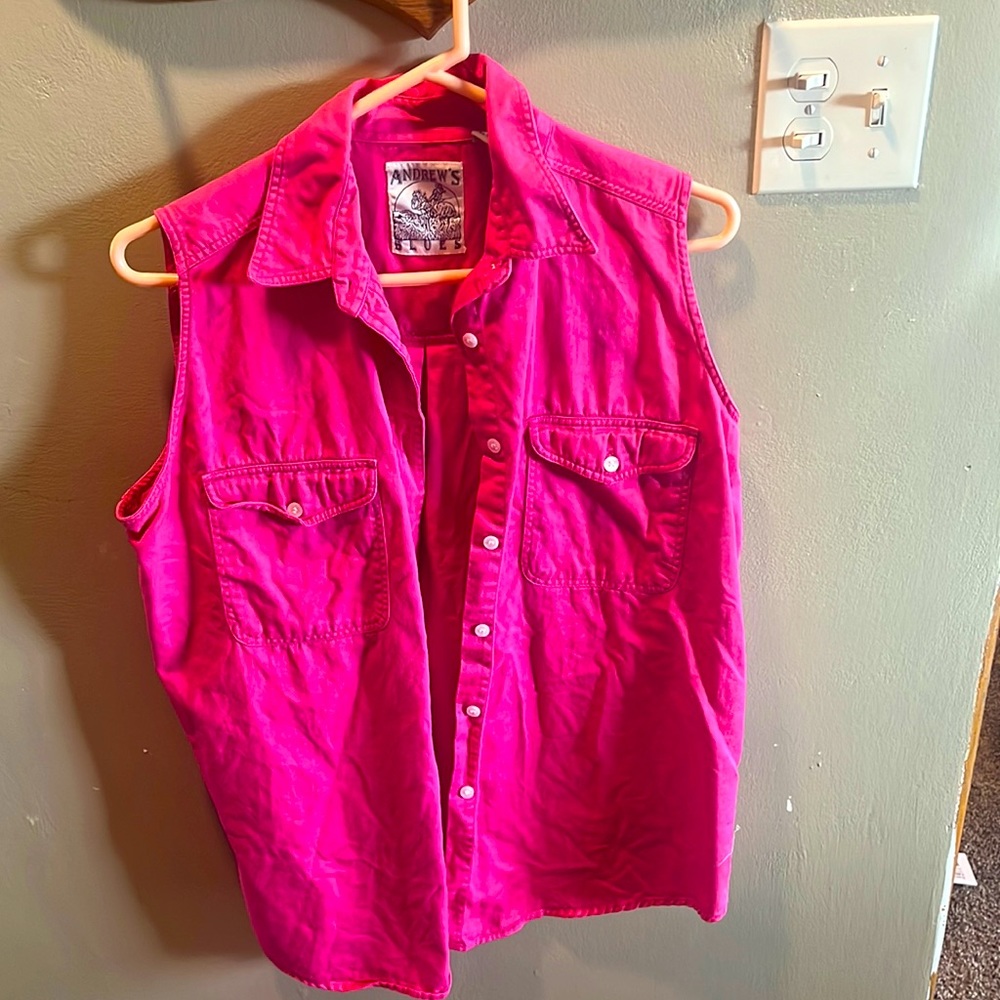 Women’s size medium Andrew’s‎ Blues, pink, sleeveless button up shirt